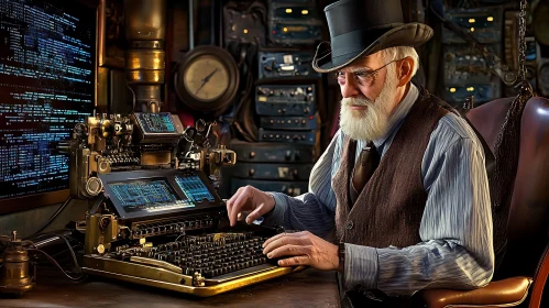 Old Man Coding on Steampunk Computer