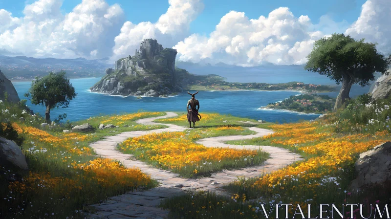 AI ART Seaside Meadow Path to Ancient Ruins