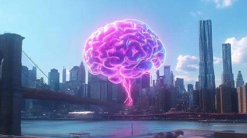 Glowing Brain Over Urban Skyline