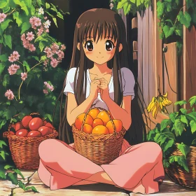 Charming Anime Girl with Fruits in a Garden