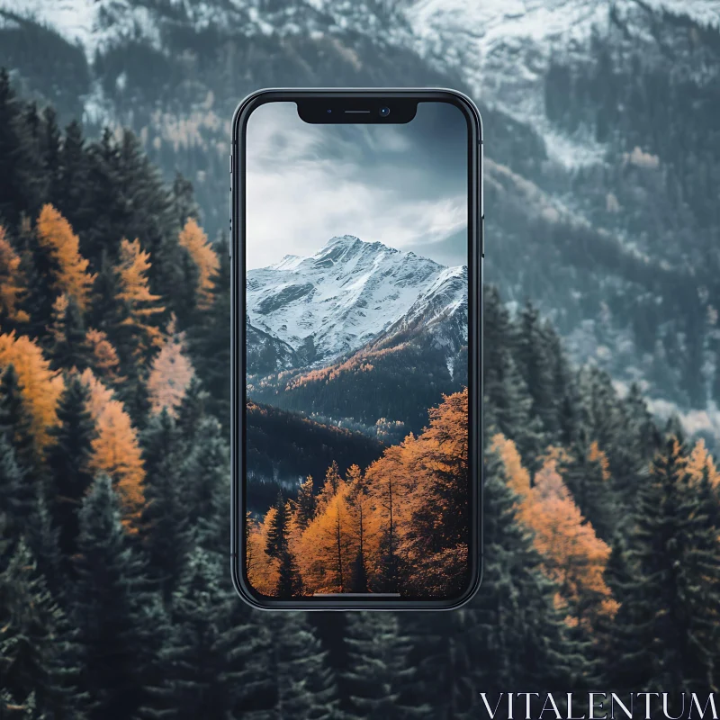 Phone Displaying Snowy Mountain Scenery AI Image