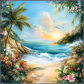 Coastal Beach with Birds and Flowers