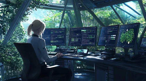 Woman Coding in Futuristic Greenhouse