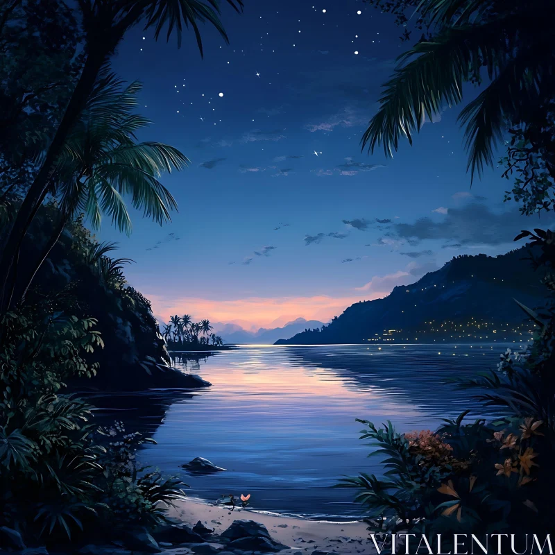 Starry Night Over Tropical Island Bay AI Image