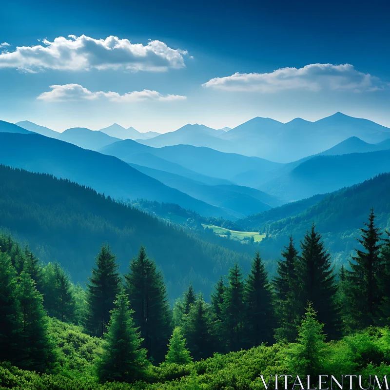 Blue Mountains and Green Forest Scenery AI Image