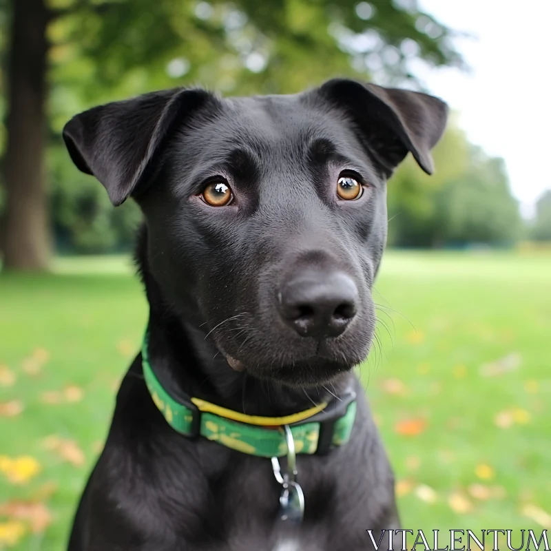 Adorable Black Dog in Green Collar Outdoors AI Image