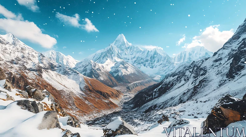 Snowy Mountain Peaks Under Blue Sky AI Image