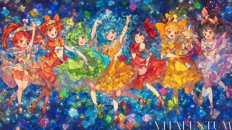 Anime Fantasy Scene with Vibrant Girls and Sparkling Galaxy AI Image