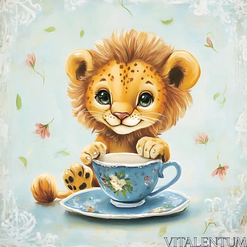 AI ART Cute Lion Cub with Teacup Illustration