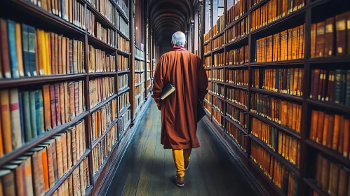Library Aisle with a Person Walking