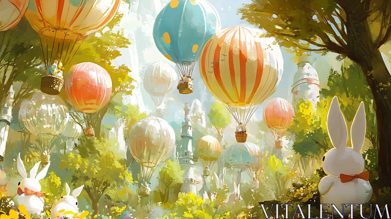 AI ART Whimsical Forest with Balloons and Bunnies