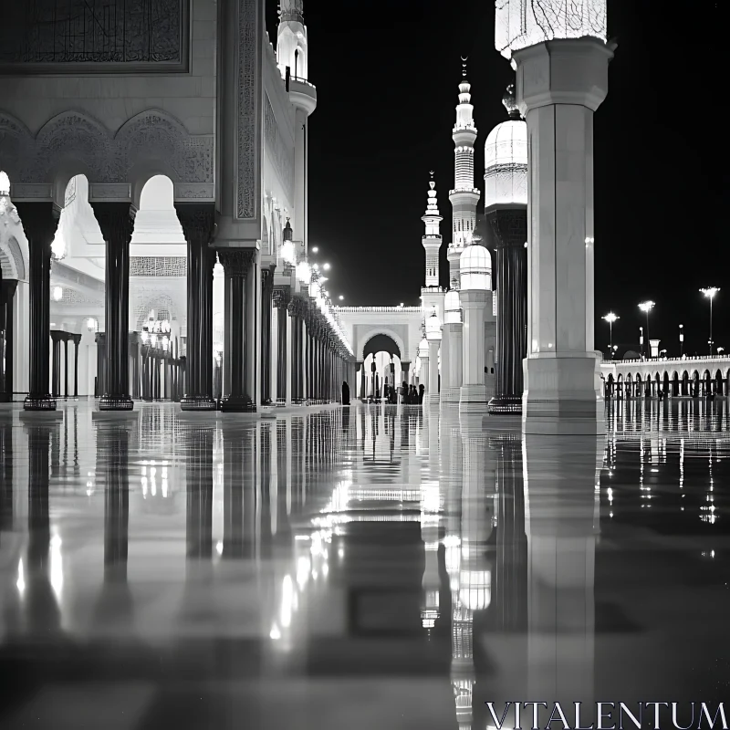 Nighttime View of Mosque with Reflections AI Image