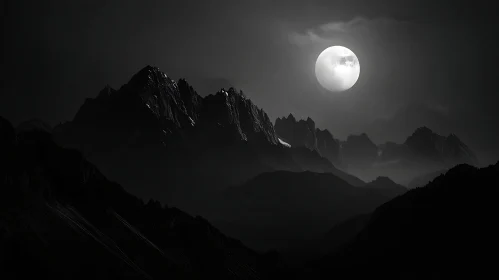 Monochromatic Mountain Range Under Full Moon