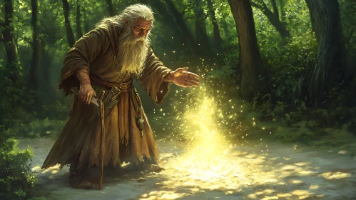 Old Wizard Creating Light in Forest