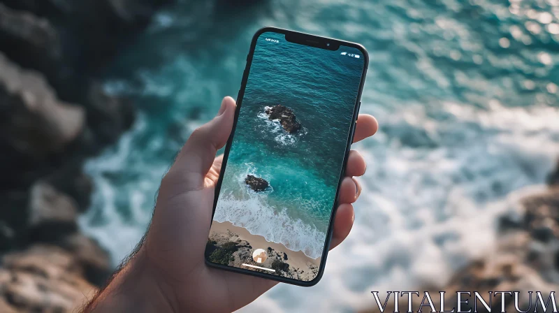 Hand Holding Phone with Ocean Scene AI Image