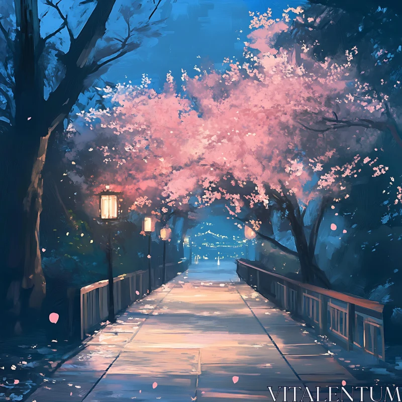 Blossoming Cherry Trees and Lantern-lit Pathway AI Image