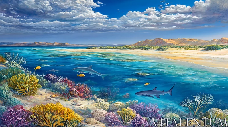 AI ART Underwater Coral Reef with Sharks