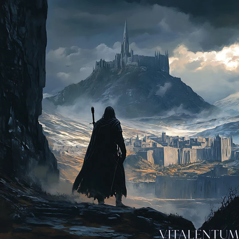 Cloaked Figure Overlooking Fortress AI Image