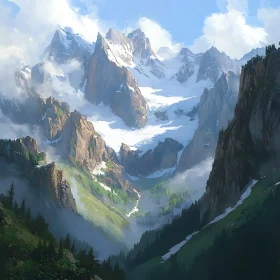 Snowy Peaks and Green Valley Scenery