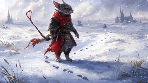 Feline Hero in Snowy Realm Artwork