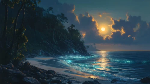 Moonlit Seascape with Glistening Waves