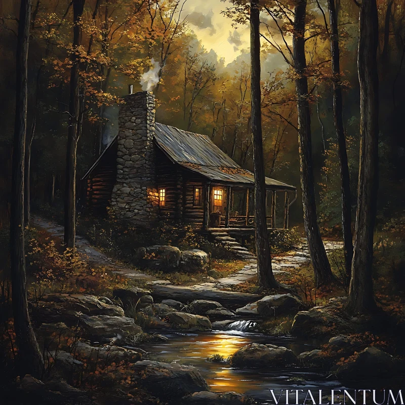 Tranquil Cabin in Forest with Twilight Glow AI Image