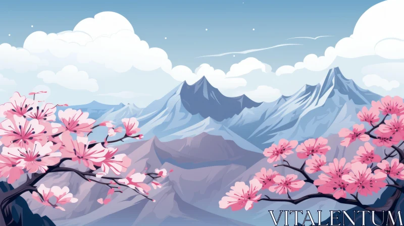 Serene Sakura Tree and Mountain Landscape - Minimalist Art AI Image
