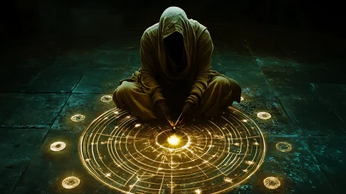 Enigmatic Figure Meditating Above Glowing Circle