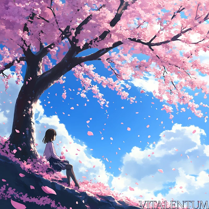 Peaceful Animation of Girl with Cherry Blossoms AI Image