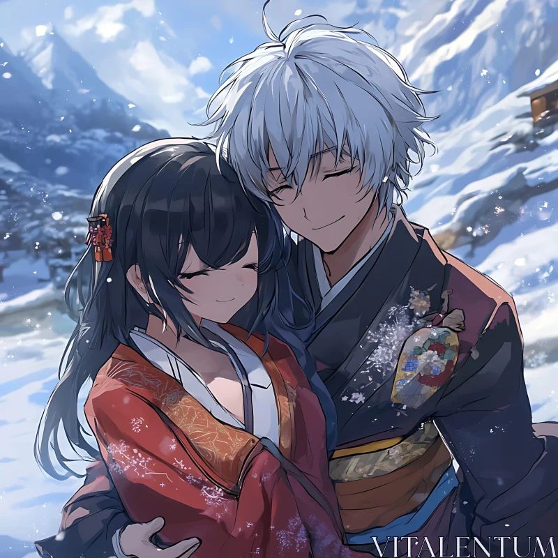 Anime Couple in Snowy Embrace AI Image