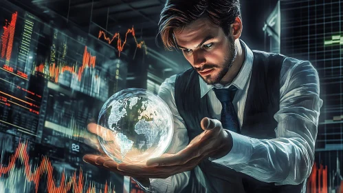 Man with Globe and Financial Data