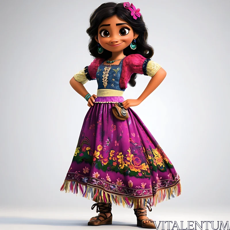 Animated Doll Portrait with Floral Dress AI Image