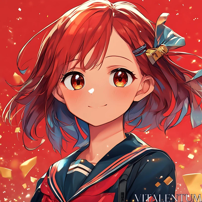 Sparkling Anime Portrait with Red-Haired Girl AI Image