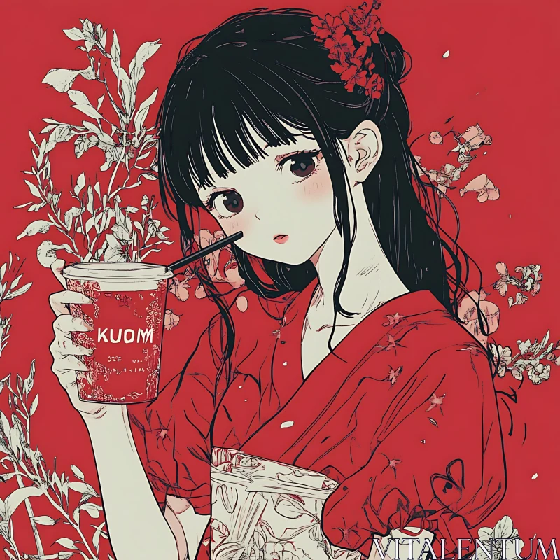 Floral Anime Girl with Drink Illustration AI Image