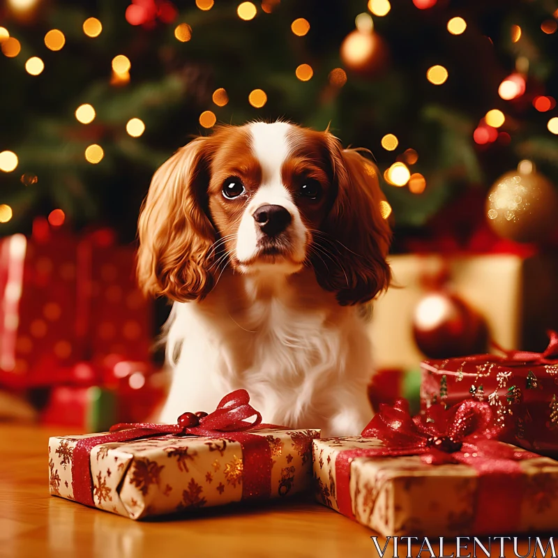 Little Dog Amidst Christmas Cheer AI Image