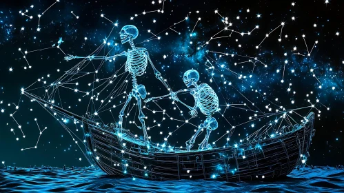 Skeletal Crew Navigating Cosmic Waters