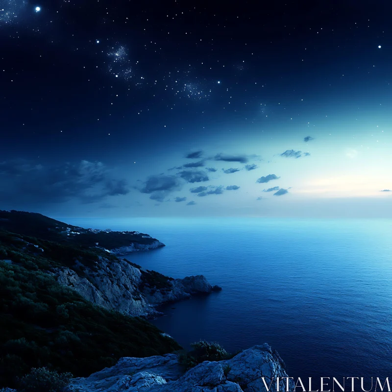 Coastal Nightscape with Starry Sky AI Image