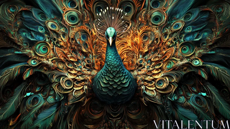 AI ART Teal and Gold Peacock Feather Display