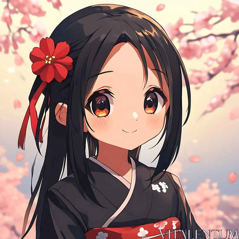 Anime Girl with Red Flower in Hair AI Image