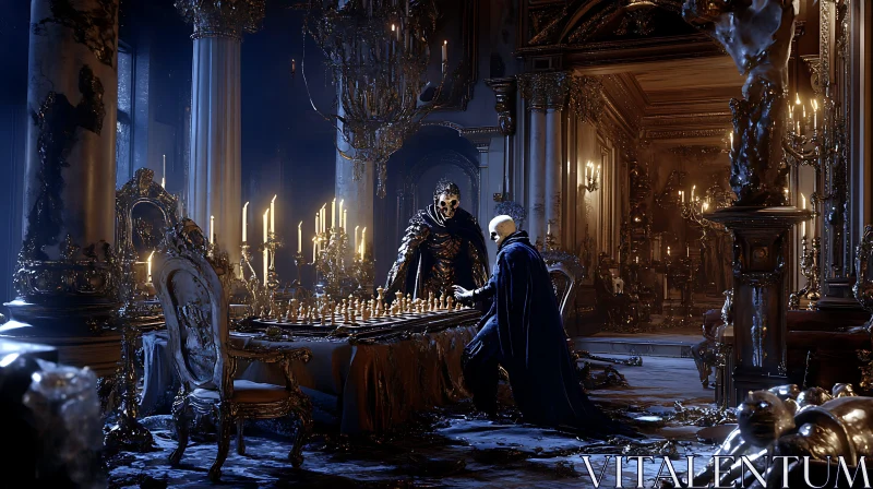 Skeletal Chess Players in Ornate Setting AI Image