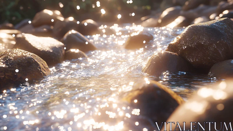 Sunlit Stream with Sparkling Water and Rocks AI Image