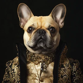 Dressed-Up French Bulldog in Gold and Black Attire