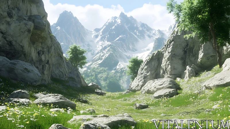 AI ART Picturesque Mountain Landscape with Green Valley