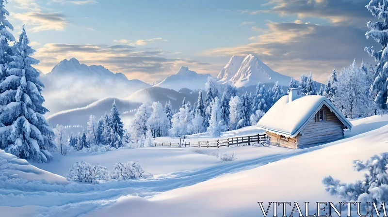 AI ART Winter Cabin in Snow-Covered Mountains