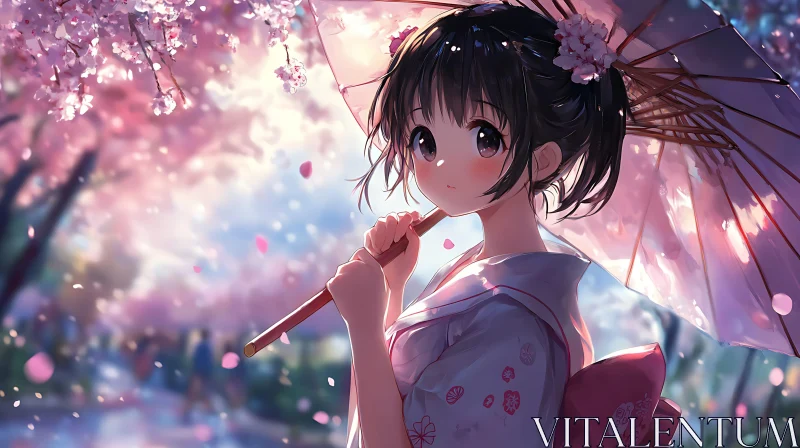 Anime Girl Under Cherry Blossom with Parasol AI Image