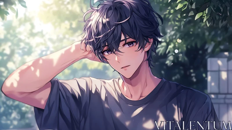 Thoughtful Anime Boy Under Leafy Canopy AI Image