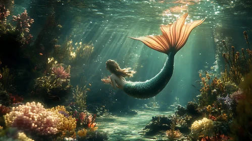 Mystical Mermaid Swimming in Coral Reef