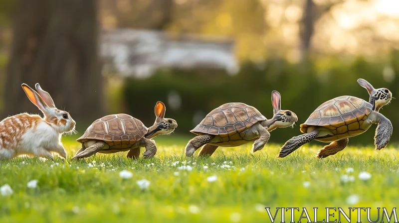 Rabbit and Turtles Running on Grass AI Image