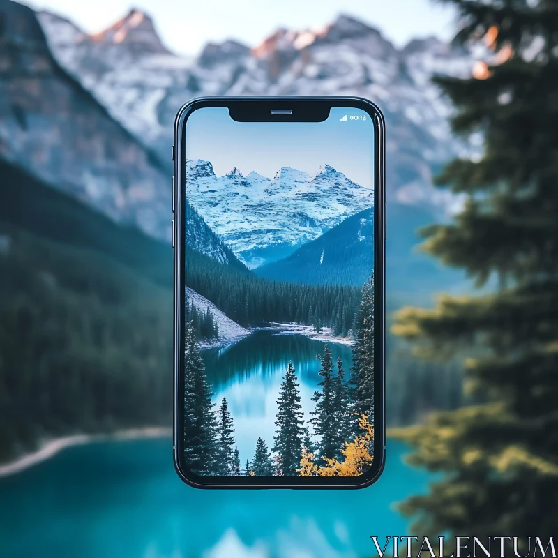 Phone Screen Mountain Lake AI Image