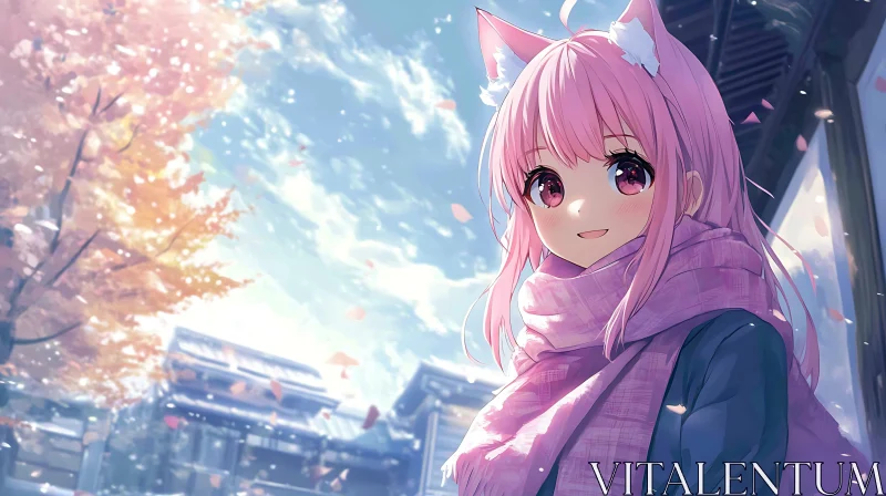 AI ART Autumn Anime Girl with Cat Ears and Scarf